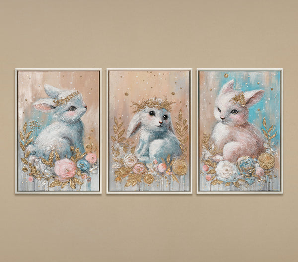 The painting "Fairytale Bunnies" is a delicate children's trio with a textural shine