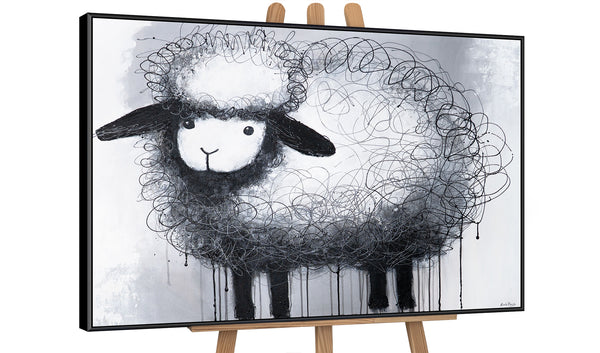 The painting "Carefree Sheep" is a playful image in the style of minimalism