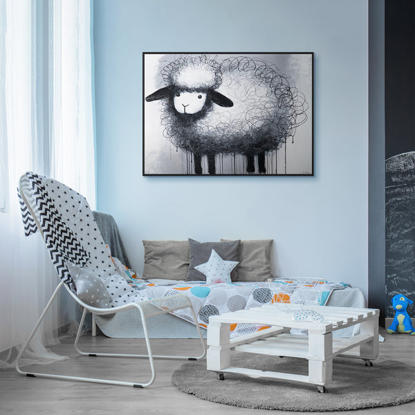 The painting "Carefree Sheep" is a playful image in the style of minimalism