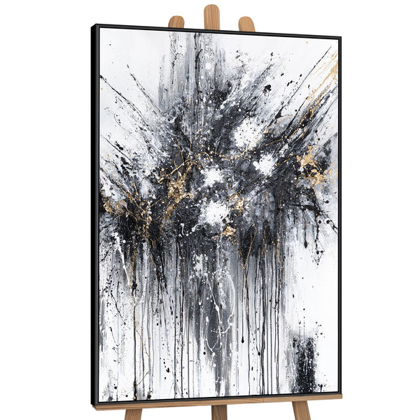 The painting "Dance of Splashes" is an abstraction in a black, white, and gold palette.