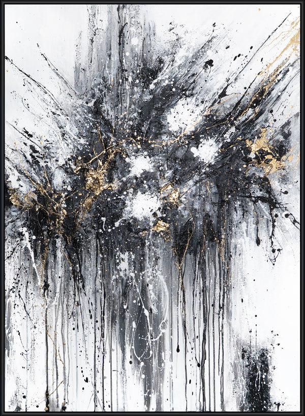 The painting "Dance of Splashes" is an abstraction in a black, white, and gold palette.