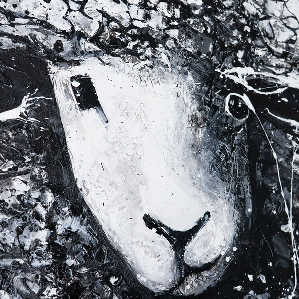 The painting "Kurdryashka" is a textured image of a sheep in monochrome