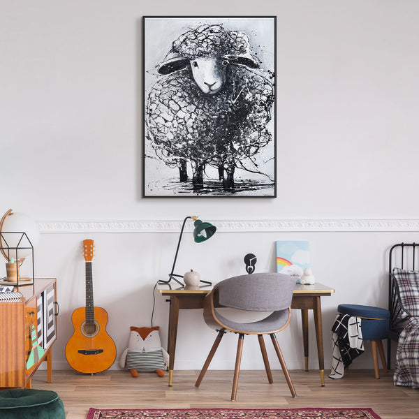 The painting "Kurdryashka" is a textured image of a sheep in monochrome