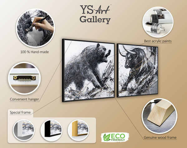 Diptych "Wild Rush" - an expressive fight between a bull and a bear