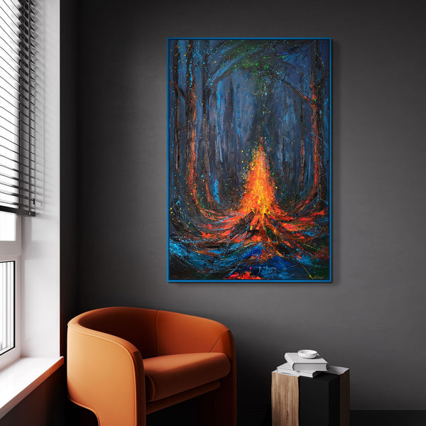 "Song of Fire" - an expressive painting with flames in the forest