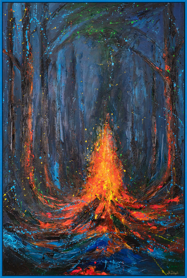 "Song of Fire" - an expressive painting with flames in the forest