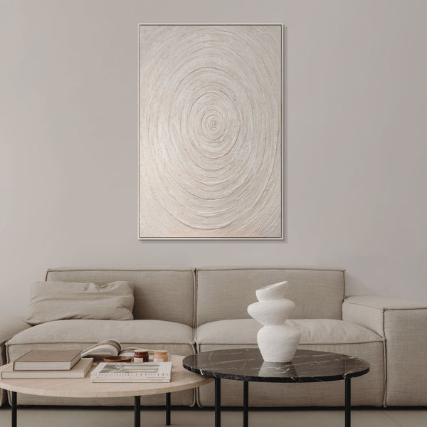 The painting "Pulsation of Light" is a textured symmetry in beige tones