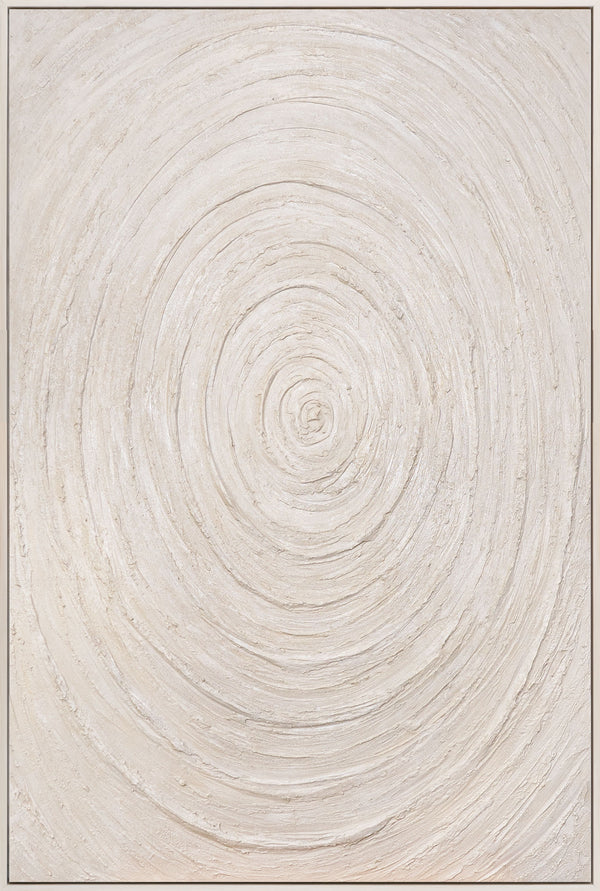 The painting "Pulsation of Light" is a textured symmetry in beige tones