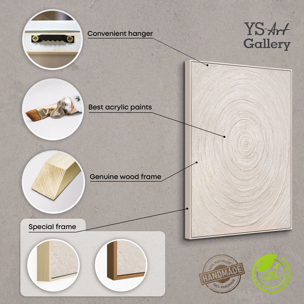 The painting "Pulsation of Light" is a textured symmetry in beige tones