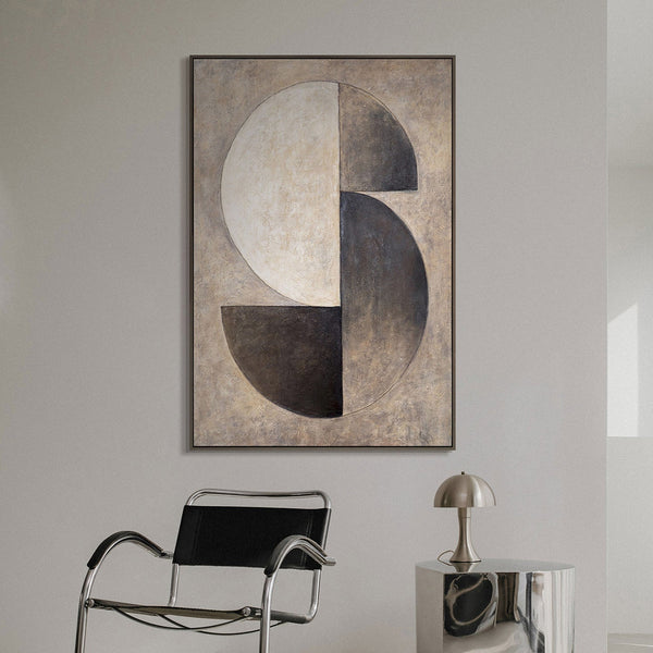 The painting "Symmetry of Form" is a geometric abstraction in neutral tones