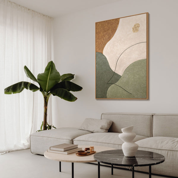The painting "Lines of Calm" is an abstract composition with natural colors