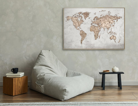 Textured wall art in frame for modern home decor "World map"