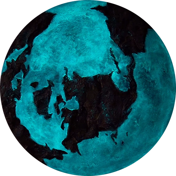 The painting "Shadow of the Continents" is a round abstraction that glows in the dark