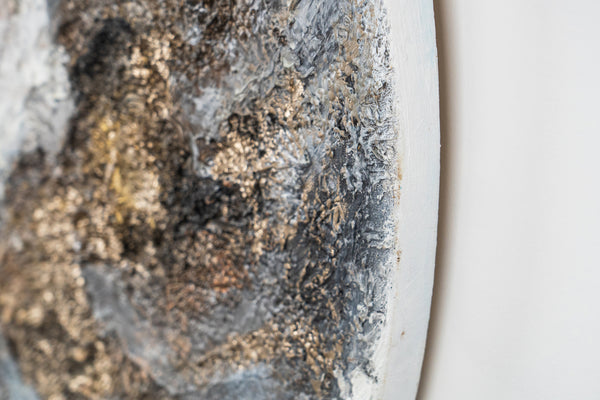 The painting "Tectonics of Light" is a round textured canvas with a noctilucent effect