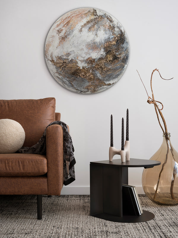 The painting "Tectonics of Light" is a round textured canvas with a noctilucent effect