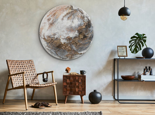 The painting "Tectonics of Light" is a round textured canvas with a noctilucent effect