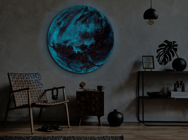 The painting "Tectonics of Light" is a round textured canvas with a noctilucent effect