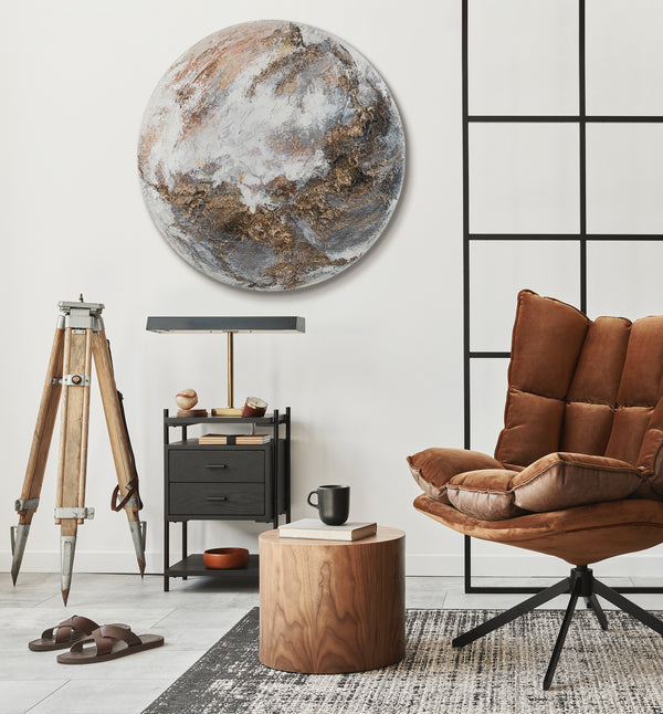 The painting "Tectonics of Light" is a round textured canvas with a noctilucent effect