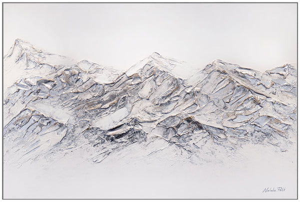 The painting "Mountains of Light" is a textured landscape with a night glow effect
