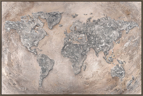 The painting "Contrasts of the World" is a textured map of the Earth with backlighting