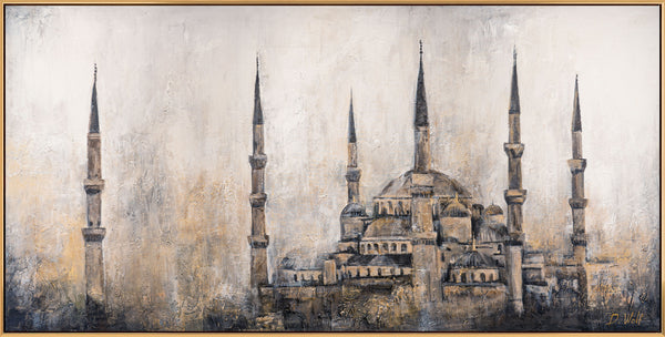 The painting "Minarets in Silence" is an architectural abstraction with a light effect