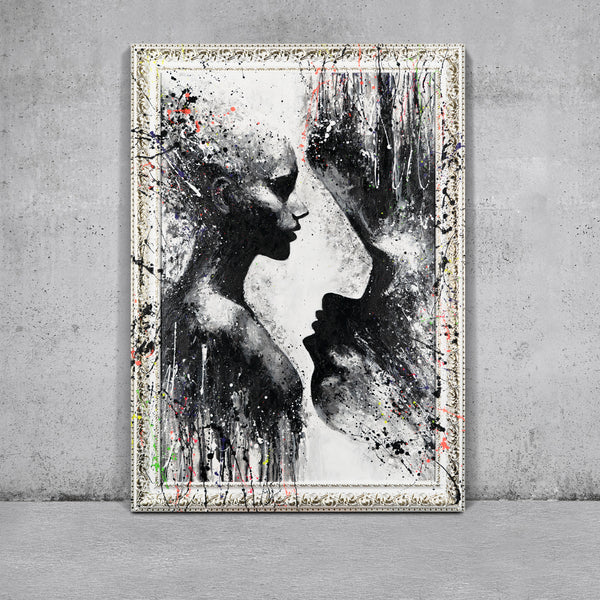 The painting "Contours" is an abstract silhouette portrait in monochrome