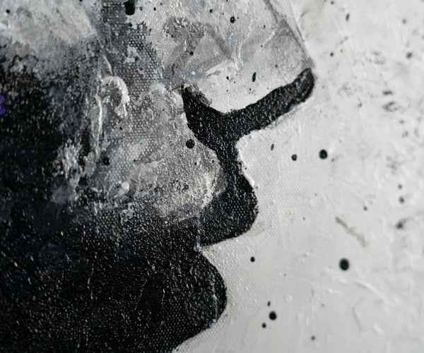 The painting "Contours" is an abstract silhouette portrait in monochrome