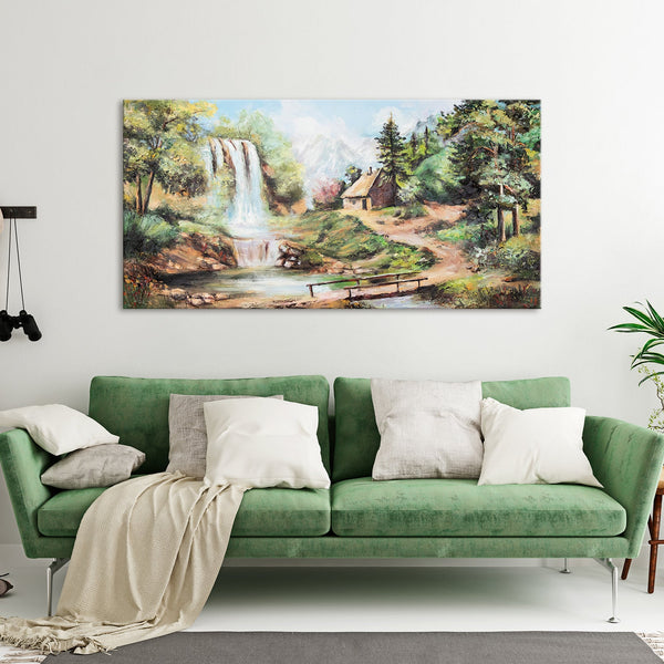 Painting "Waterfall" - mountain landscape with a hut