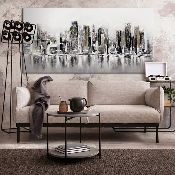 The painting "City Skyline" is an abstract silhouette of a metropolis