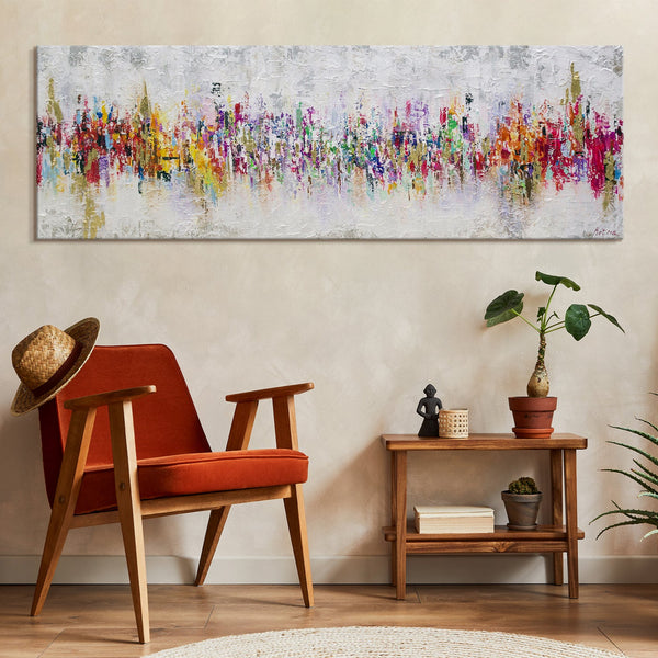 The painting "Field Accents" is a floral abstraction in a contrasting palette