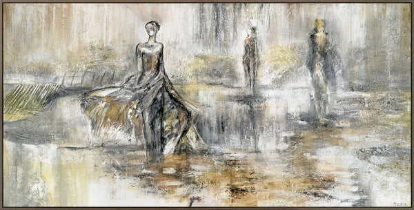 The painting "Fashion Show" is a figurative abstraction in neutral tones