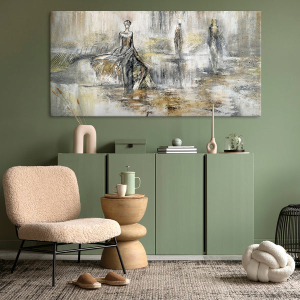The painting "Fashion Show" is a figurative abstraction in neutral tones