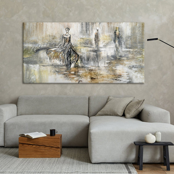 The painting "Fashion Show" is a figurative abstraction in neutral tones