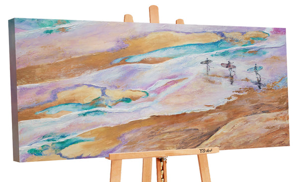 The painting "Sea Adventure" is a bright landscape in pink and blue tones.