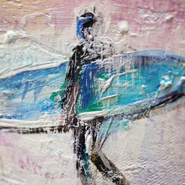 The painting "Sea Adventure" is a bright landscape in pink and blue tones.