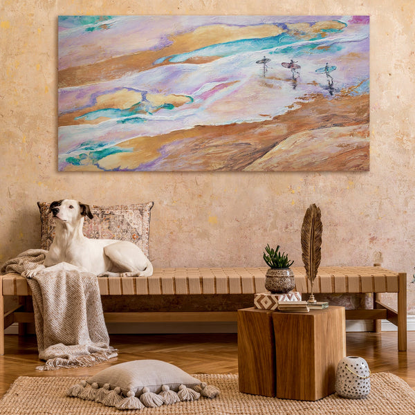 The painting "Sea Adventure" is a bright landscape in pink and blue tones.