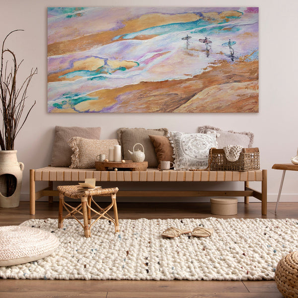 The painting "Sea Adventure" is a bright landscape in pink and blue tones.