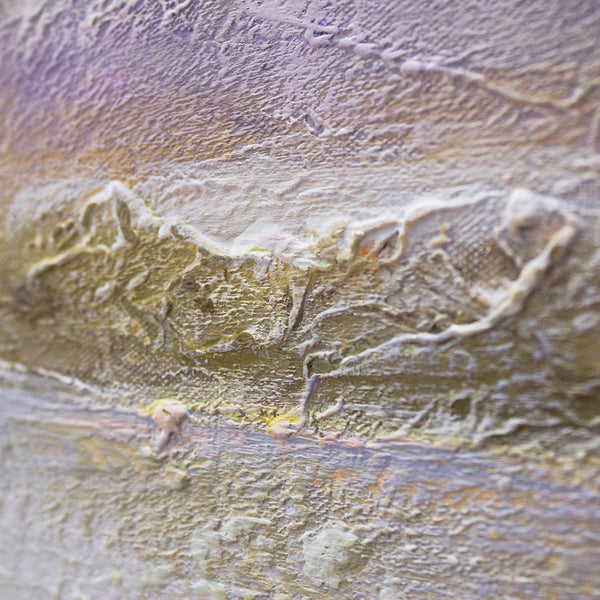 The painting "Dawn at Sea" is a textured landscape with a golden glow