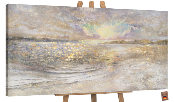 The painting "Dawn at Sea" is a textured landscape with a golden glow