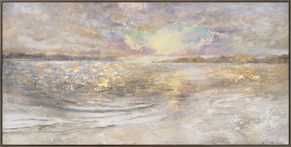 The painting "Dawn at Sea" is a textured landscape with a golden glow