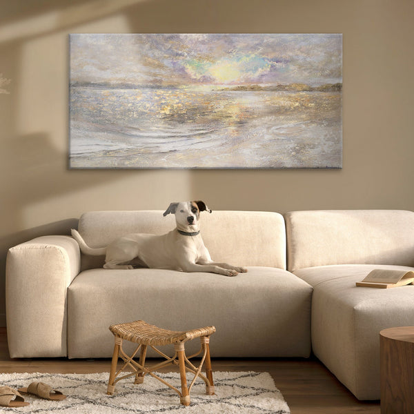 The painting "Dawn at Sea" is a textured landscape with a golden glow
