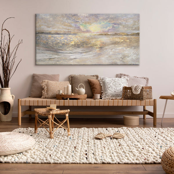 The painting "Dawn at Sea" is a textured landscape with a golden glow