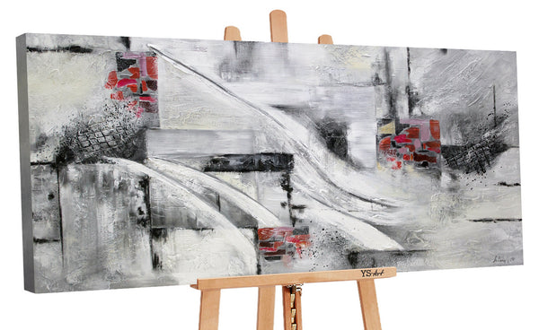 Painting "Abstraction VII" - black and white geometry with a red accent