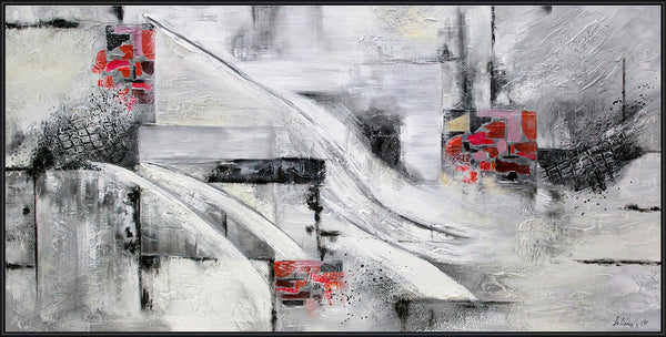 Painting "Abstraction VII" - black and white geometry with a red accent