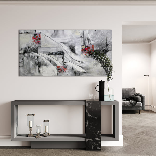 Painting "Abstraction VII" - black and white geometry with a red accent