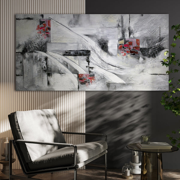 Painting "Abstraction VII" - black and white geometry with a red accent