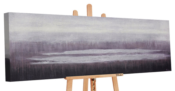 The painting "Calm" is a minimalist landscape in gray-lilac tones