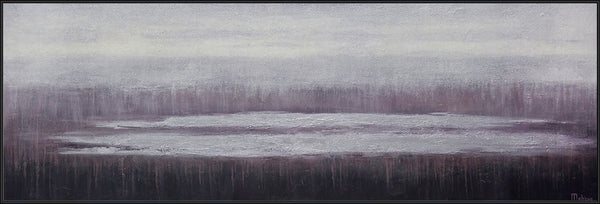 The painting "Calm" is a minimalist landscape in gray-lilac tones