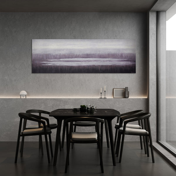 The painting "Calm" is a minimalist landscape in gray-lilac tones