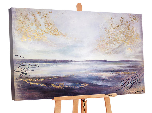 The painting "Sea Distance" is a textured seascape in light colors.